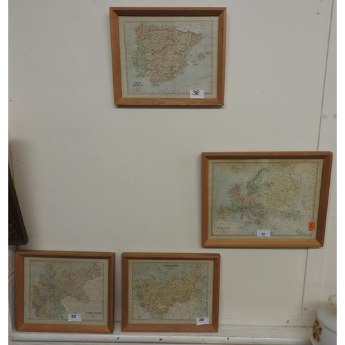 38 - Four framed printed maps including Europe, Russian and German Empires, Spain and Portugal