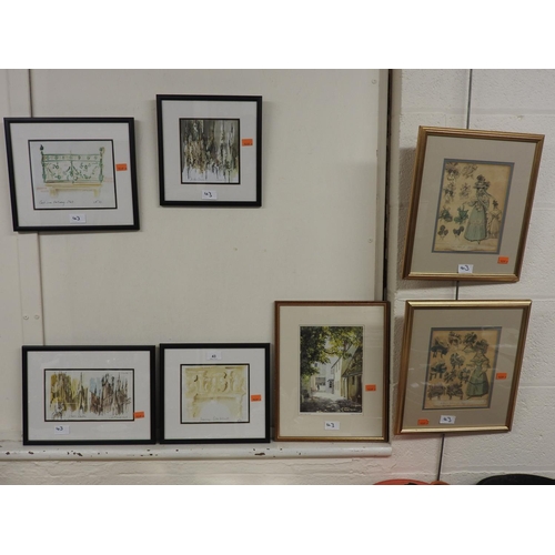 43 - Newton, four framed cathedral study watercolours, signed or initialled, two coloured fashion engravi... 