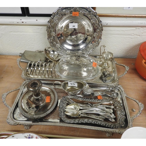 44 - Silver plated wares including two twin handled rectangular serving trays, bowl, toast rack, chamber ... 