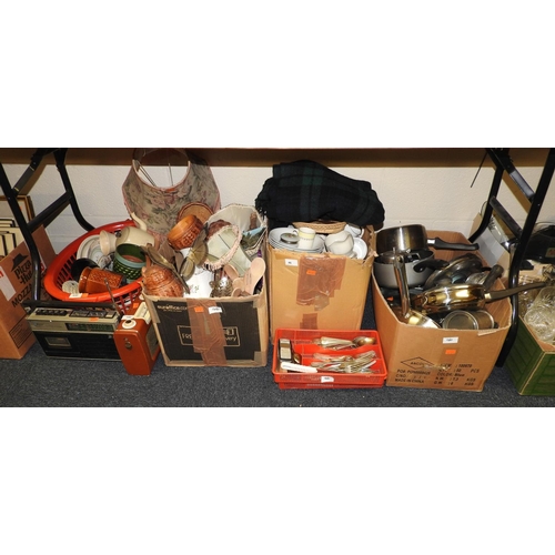 46 - Good quantity of mixed household wares including ceramics, pots, pans, cutlery, travel blanket and v... 