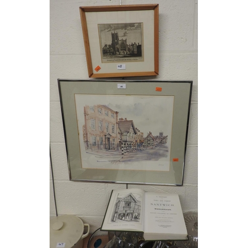 48 - Ken Mosley watercolour 'Welsh row, Nantwich', signed and framed; also an engraving of the 'Prospect ... 