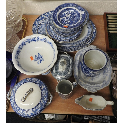 51 - Mixed blue and white ceramics including Wedgwood Hawthorn pattern serving plates and tureen etc.