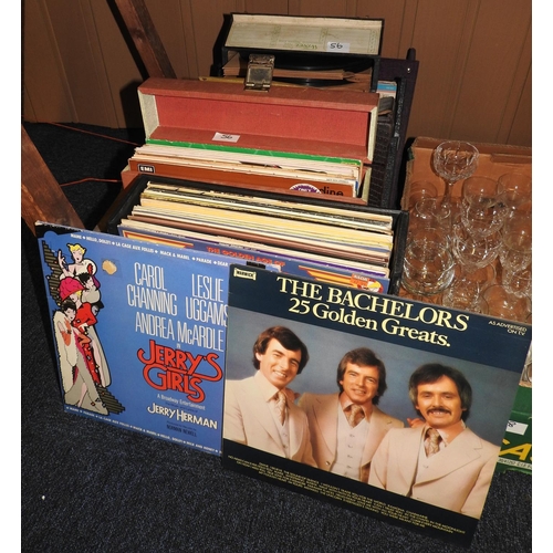 56 - Six record boxes of mixed genre LPs and 78rpm records including musicals, bands etc.
