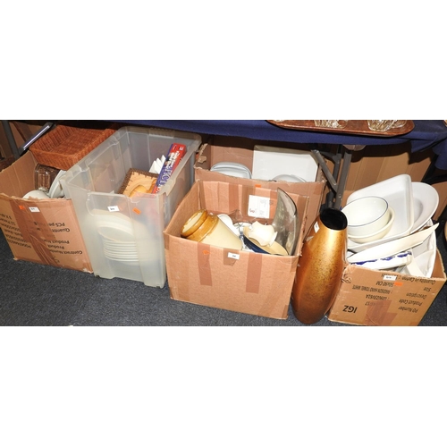 64 - Good quantity of household wares including white glazed dinner wares, glass cutlery baskets, large g... 