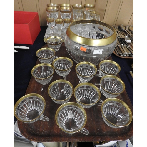 65 - Gilt edged cut glass punch bowl set; also similar pedestal hock and sherry glasses (2 trays)