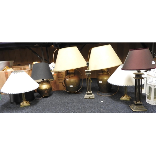 69 - Pair of ovoid shape brass table lamps, pair of column shaped brass table lamps and three further lam... 