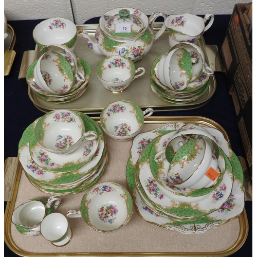 75 - Royal Paragon green glazed and floral decorated tea wares