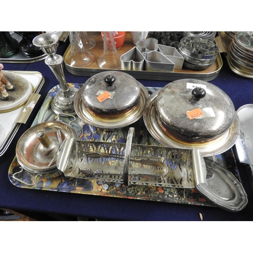87 - Two silver plated muffin dishes, further silver plated wares including candlestick, punched basket e... 