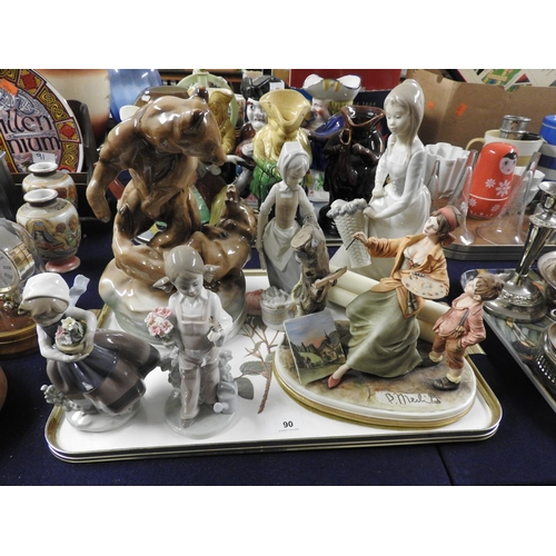 90 - Zsolnay fighting bear group, Capodimonte porcelain figure with certificate and two Lladro and two Na... 