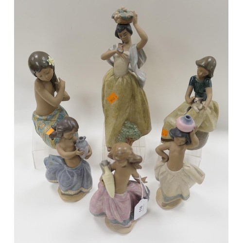 118 - Six Lladro coloured porcelain figurines, the tallest approx. 29cm
