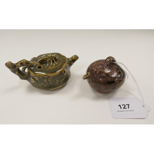 127 - Oriental flambe water dropper and a further eastern water dropper moulded with a cicada