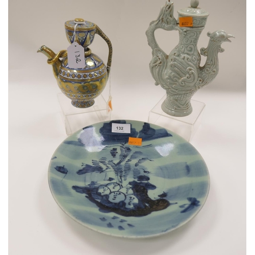 132 - Korean celadon Phoenix teapot and cover, 22.5cm; also a Vietnamese celadon and blue dish, 27.5cm and... 