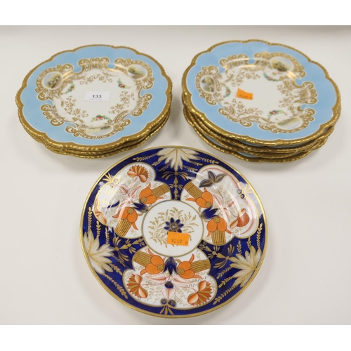133 - Newhall porcelain Imari pattern plate, no. 128, and seven Victorian gilded landscape dessert plates ... 
