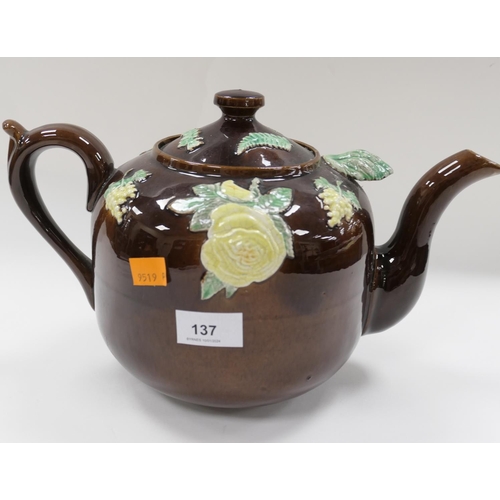 137 - Victorian Measham type teapot and cover, height 20.5cm