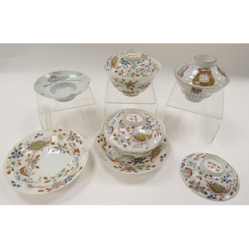 150 - Japanese eggshell porcelain rice bowls and stands; also a Chinese famille rose lidded bowl