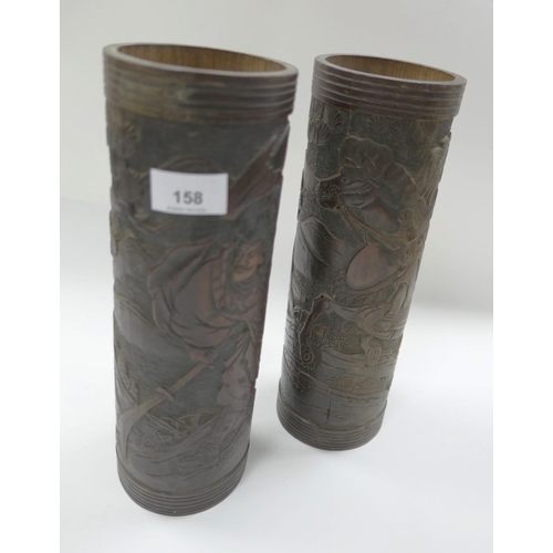 158 - Pair of Japanese carved bamboo sleeve vases, late Meiji, height 31cm