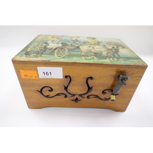 161 - Victorian walnut hand crank musical box decorated with a lithograph of Queen Victoria's children at ... 