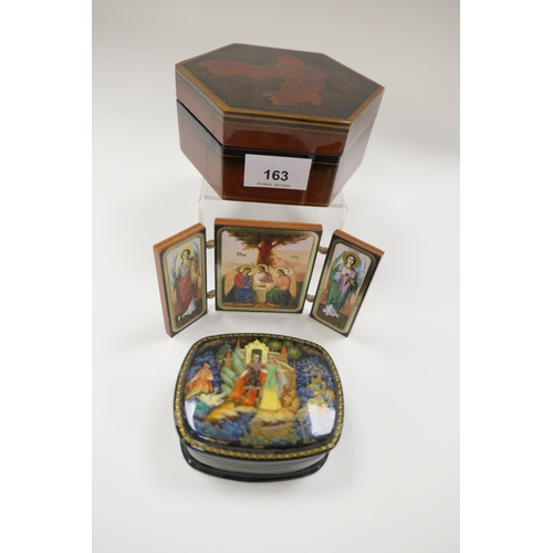 163 - Russian decorated papier mache box, Russian Orthodox modern pocket icon and a Japanese lacquered hex... 