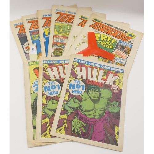 170 - UK's first edition of the Hulk Comic, March 7 1979, 2 copies; also Tornado first issue (x2 copies), ... 