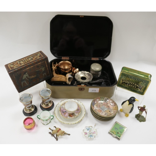 173 - Dresden miniature cabinet cup and saucer, other decorative items including Egyptian box, Buckingham ... 