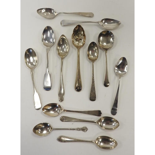 242 - Twelve various silver teaspoons, weight approx. 180g and a silver plated berry teaspoon (13)