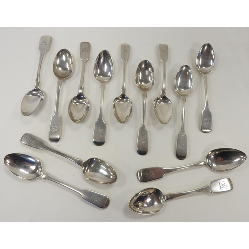 243 - Set of five George IV silver fiddle pattern tablespoons, Exeter 1825, weight approx. 92g, five Victo... 