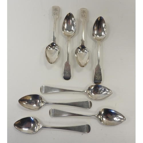 244 - Four George III Old English pattern silver teaspoons and four Georgian silver fiddle pattern teaspoo... 