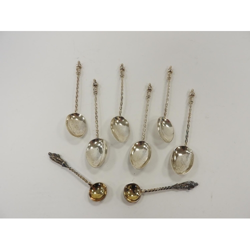 247 - Six Victorian silver apostle spoons, London 1892, and a pair of Victorian silver gilt apostle salt s... 