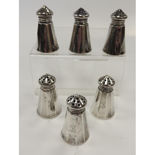 249 - Six sterling silver initialled pepper pots in the Art Deco style, gross weight approx. 36g