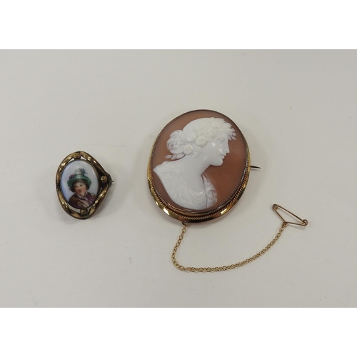 254 - Well carved cameo brooch featuring Aphrodite in profile mounted within a gold coloured frame, 54mm; ... 