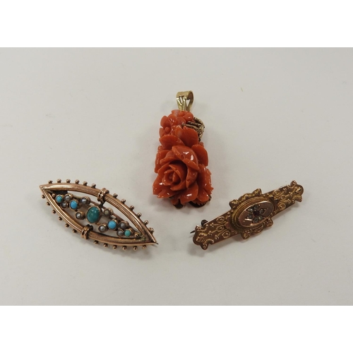 255 - Coral foliate pendant backed in 9ct gold, 40mm drop; also a 9ct gold brooch and a turquoise and seed... 