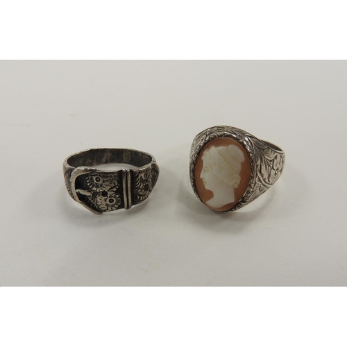 258 - Sterling silver belt ring, ring size M; also a gent's 800 std silver cameo ring, ring size S/T (2)