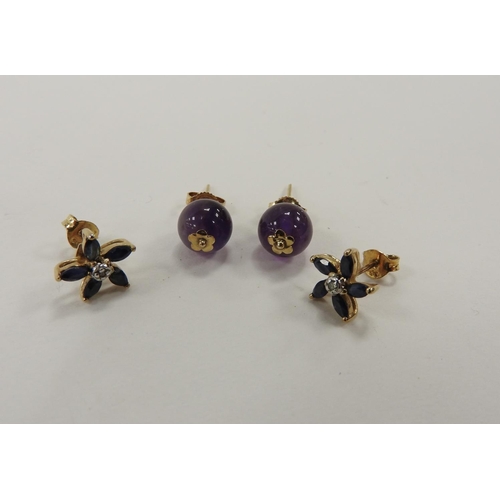 259 - Pair of 9ct gold diamond and sapphire flowerhead ear studs and a pair of amethyst bead ear studs (4)