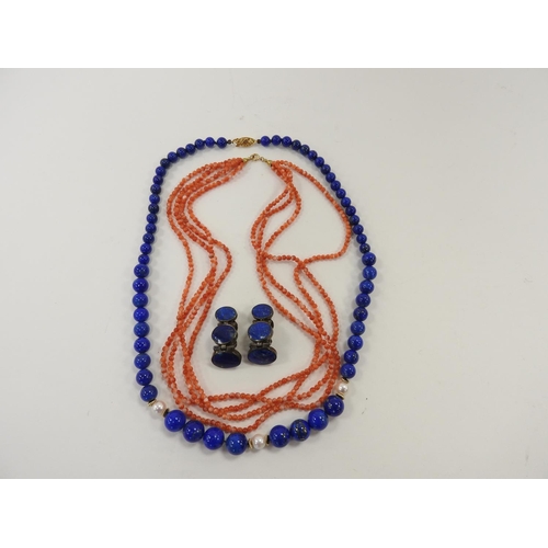 292 - Lapis lazuli and cultured pearl necklace with 9ct gold clasp; also a pair of lapis lazuli clip on ea... 