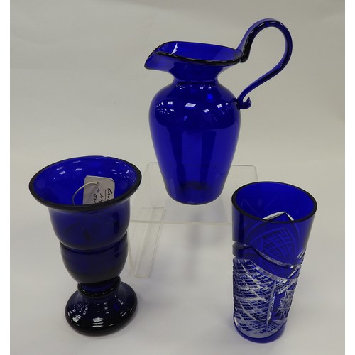 141A - Bristol blue glass cream jug, a blue glass small vase and a cut blue overlay small vase (3)