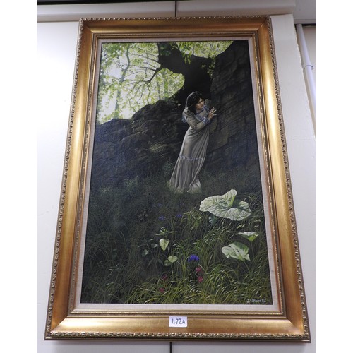 472A - James Williams (Born 1949), 'Concealed from sight', an enigmatic painting of a young lady in hiding,... 