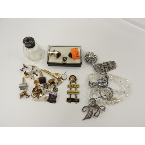 307 - Silver mounted glass pepper pot, small assortment of costume jewellery including diamante, cufflinks... 