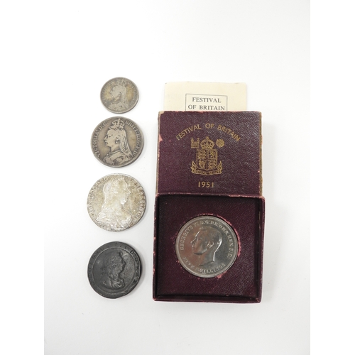 314 - Maria Theresa thaler, Victorian Crown 1889, florin 1891, George III cartwheel penny 1797 and Festiva... 