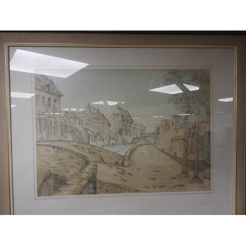 364 - A. Turner, Quai de la Main d'or, Bruges, pen and ink, watercolour wash, signed and dated 1973, 51cm ... 