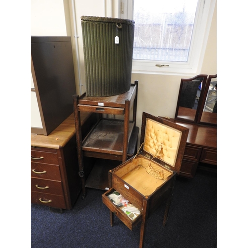 385 - Vintage oak sewing box, oak two tier tea trolley, further tea trolley, Lloyd Loom corner linen baske... 