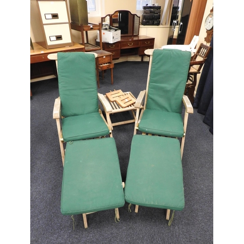 392 - Pair of Indian Ocean Trading Company teak folding steamer chairs complete with cushions, leg extensi... 