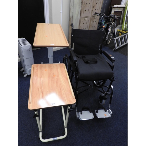 473 - Lomax folding wheelchair; also two modern adjustable bed tables (3)