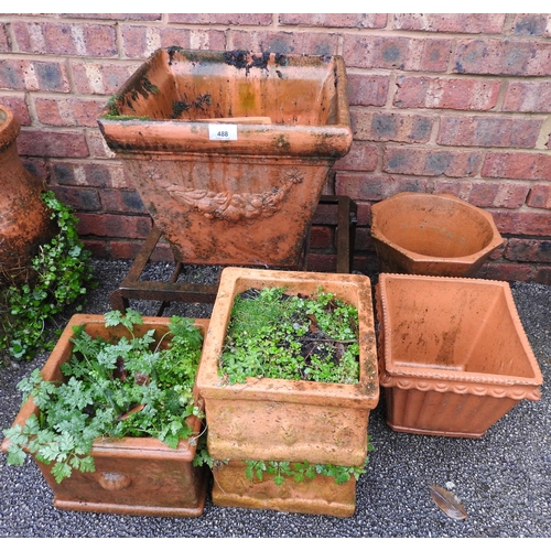 488 - Small number of square shaped terracotta jardinieres, cast iron trivet (8)