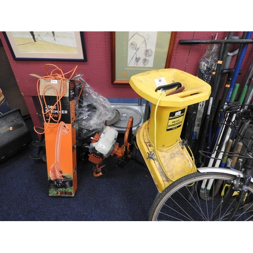 497 - Petrol driven post auger; also a Black & Decker electric strimmer and a McCulloch garden shredder (3... 