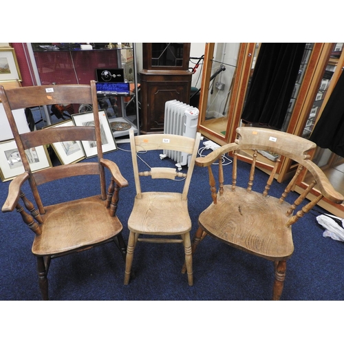 509 - Victorian beech and elm smoker's bow armchair; also a Welsh bar back armchair and an Oxford bar back... 