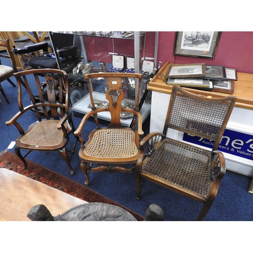 512 - Unusual ash beechwood cane seated armchair; also a further cane seated armchair and early Art Deco s... 