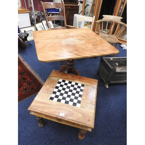 515 - Victorian fruitwood pedestal breakfast table; also an Indian hardwood and inlaid square games table