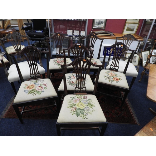 524 - Set of six mahogany splat back dining chairs with gross-point needlework seats and a pair of mahogan... 