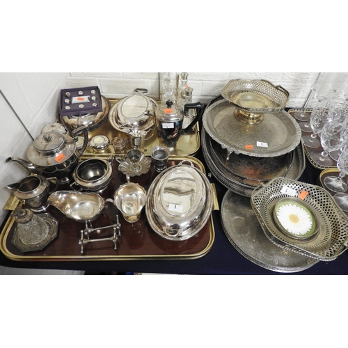 1 - Assorted silver plated wares including three piece tea set, coffee pot, tureens, cruet, gravy boats;... 