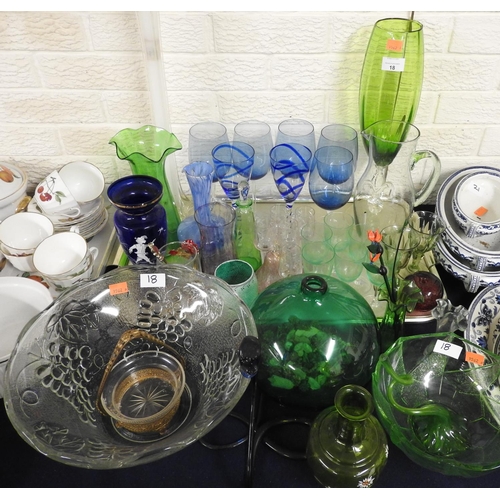 18 - Assortment of coloured glassware including a blue glassware painted in the style of Mary Gregory tal... 